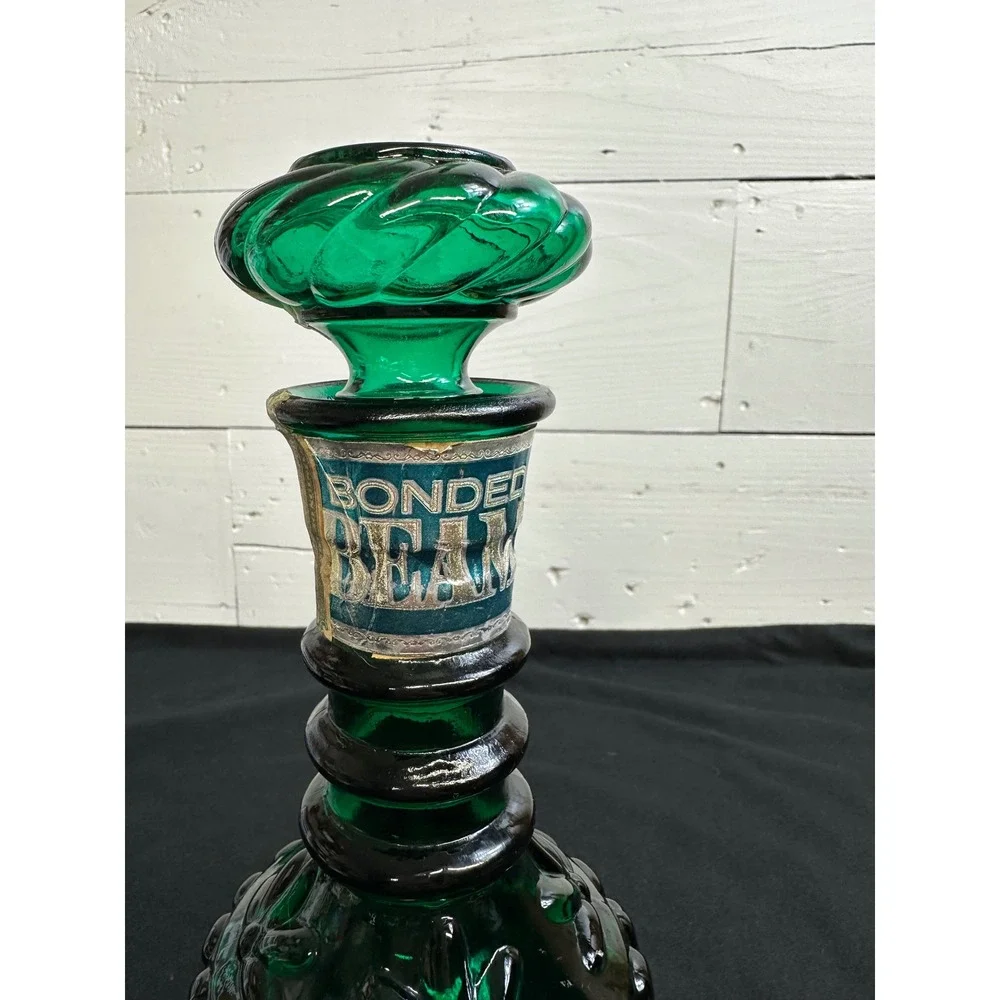 Vintage Jim Beam Emerald Green Glass Decanter Bonded Beam 8 Year Whiskey Bottle